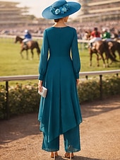 billige Mammas buksedresser-Buksedrakt Asymmetrisk Kjole til brudens mor Langermet Crew-hals Elegant Formell Bryllupsgjest Formell kveld Chiffon med Ensfarget
