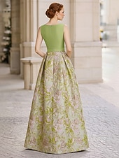 cheap A-Line Evening Dresses-A-Line Floor Length Evening Gown Elegant Sleeveless V Neck Wedding Formal Pocket Satin Jacquard with Pleats