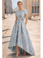 cheap Cocktail Dresses-A-Line Asymmetrical Ankle Length Cocktail Dresses Elegant Vintage Floral Short Sleeve Crew Neck Garden Party Wedding Pocket Jacquard with Bow(s) Pocket