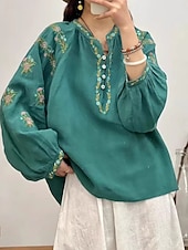 cheap Plain Blouses-Women's Cotton Linen Shirts Faux Cotton Linen Embroidered Floral Basic Casual Long Sleeve Crew Neck Regular Tops Daily Pink Fuchsia Green Beige Summer Spring Fall