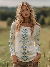 billiga Boho t-shirt-Kvinnors Boho T-shirt Grafisk Vintage Mode Stilig Lång Ärmar Crew Hals Regelbundna T-shirts Daglig Helg Tryck Rosa Lila Ljusblå Sommar Vår