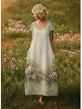 baratos Vestidos Florais Impressos-Mulheres Vestido maxi longo Vestido Boho Vestido casual Vintage Diário Ao ar livre Praia Ajuste Largo Floral Manga Curta Decote U Verde Verão Primavera