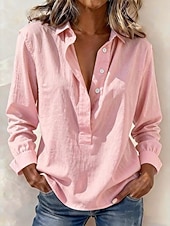 billige Enkle bluser-Dame Popover skjorte Sommerskjorte Uformell skjorte Bluse Knapper Helfarge Mote Fritid Langermet Aftæpning Vanlige topper Daglig Strand Ferie Blå Hvit Gul Rosa Grønn Vår Høst