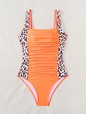 preiswerte Einteilige Badeanzüge-Damen Einteiler Badeanzug mit Bauchkontrolle Rundhals Leopardenmuster Racerback Raffung Sommer Strandmode Schnelltrocknender Stretchstoff Vollgröße Schwarz Badeanzug