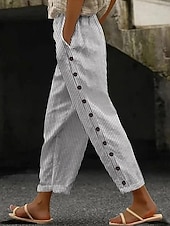 cheap Pants-Women's Linen Pants Trousers Casual Pants Summer Pants Vacation Fashion Basic Full Length Mid Waist Plain Striped Side Pockets Comfort Inelastic Holiday Casual Daily Light Gray Brown And White Dark
