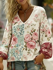  Γυναικεία Πουκάμισο Μπόχο πουκάμισο Λινό από ψεύτικο βαμβάκι Στάμπα Φλοράλ Γραφική Βοημία Βίντατζ Κλασσικό Μακρυμάνικο Λαιμόκοψη V Κανονικά μπλουζάκια Καθημερινά Αργίες Εξόδου Μπεζ