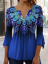  Womenská trička  Ombre květinové grafické elegantní vintage stylové 3/4 délka rukáv V výstřih dlouhé topy každodenní vycházky knoflíky modrá zelená  modrá růžová léto jaro