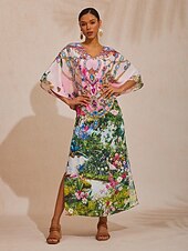 お買い得  プリントカジュアルドレス-ピンクのジャングルパーティー風、流れるようなシフォン素材のダイヤモンド柄マキシドレス