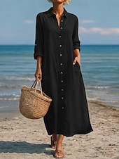 זול שמלות יוקרה-שמלת מקסי לנשים מכותנה ופשתן שמלת שינוי קזואלית יומית רחבה פשוטה עם שרוולים ארוכים צווארון כחול שחור לבן ירוק בהיר קיץ אביב סתיו