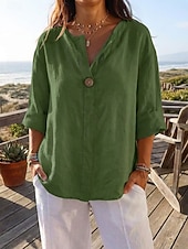 abordables Shirts-Women's Linen Shirts Blouse Patchwork Plain Stylish Modern Casual Long Sleeve V Neck Regular Tops Daily Holiday Going out Black White Navy Blue Orange Green Summer Spring