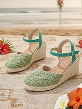 abordables Femmes-Espadrilles compensées blanches en dentelle pour femmes - élégantes sandales à plateforme crochetées à bout fermé et bride cheville, chaussures confortables pour les vacances d'été à la plage.