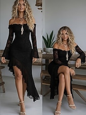 economico Vestito Semplice-Per donna Abito maxi Tubino Elegante Festa cocktail All'aperto Feste Matrimonio Pizzo Volant Patchwork Vestibilità regolare Tinta unica Manica Lunga Senza Spalle Nero Bianco Rosso