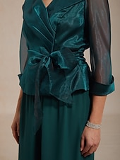 billige Kjolebluser-Dame Dressy topper knyte foran Illusjon Elegant 3/4 ermer V-hals Skjortekrage Vanlige topper Bryllupsgjest Cocktail antrekk Smaragd Grønn Sommer Vår Høst