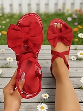 cheap Flat Sandals-Women's Green Strappy Sandals with Large Bow Detail, Comfortable Flat Sandals for St. Patrick's Day, Casual Wear, Spring Outings, Garden Parties and Holiday Celebrations