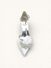 abordables novia-Elegantes zapatos de novia de satén con detalle de diamantes de imitación para mujer: punta puntiaguda, tacón bajo, tira al tobillo y varios colores.