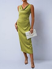 preiswerte Einfaches Kleid-Damen Midikleid Satinkleid Partykleid Figurbetontes Kleid Elegant Mode Modern Outdoor Urlaub Ausgehen Normale Passform Einfach Ärmellos Wasserfallausschnitt Hellgrün Grün Aprikose Sommer Frühling