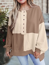 Недорогие Простые худи-Жен. Pullover Толстовки Пэчворк Пуговицы Контрастных цветов Мода Классика Современное Длинный рукав Вырез под горло Обычные топы Для улицы На каждый день Синий Черный Розовый Небесно-голубой Зеленый