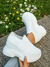 billiga Damsneakers-vita stickade slip-on-platåskor med kilklack för kvinnor – bekväma, grova athleisure-skor för dagliga promenader, ärenden och resor