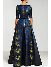 cheap A-Line Evening Dresses-Blue Jacquard Brocade A-Line Evening Gown Elegant Formal Dress Formal Wedding Floor Length Short Sleeve V Neck Nylon with Slit Pocket