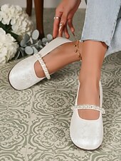 economico Ballerine da donna-ballerine mary jane beige da donna con cinturino in finta perla – scarpe comode e larghe con punta tonda, elegante stile vintage per l'uso quotidiano, matrimoni, feste del tè e viaggi