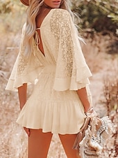 cheap Plain Dress-Women's Mini Dress A Line Dress Vacation Casual Outdoor Going out Regular Fit Solid Color 3/4 Length Sleeve V Neck Black White Pink Beige Summer Spring