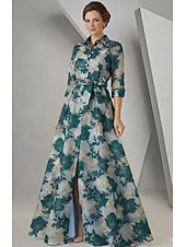 رخيصةأون طول الأرضية-A-الخط طول الأرض شيرت دريس فستان رسمي فستان سهرة فستان أم العروس كم طويل قبعة القميص أنيق عتيق سبليت عالية رسمي قماش الجاكار مع شريطة زهور