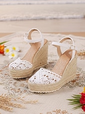 economico sposa-sandali con zeppa espadrillas in pizzo bianco da donna - tacchi a spillo traspiranti all'uncinetto con cinturino alla caviglia - eleganti scarpe da sposa boho per la spiaggia &amp;matrimoni all'estero
