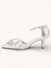 abordables novia-Elegantes zapatos de novia de satén con detalle de diamantes de imitación para mujer: punta puntiaguda, tacón bajo, tira al tobillo y varios colores.
