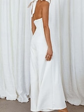 billige Jumpsuits-Dame Normal Kjeledresser Elegant Helfarge Ermeløs Bred Bukseben Grimehals Åpen rygg Daglig Feriereise Løstsittende Hvit Lysegrønn Rosa Sommer