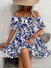 billiga Blommiga klänningar-Dam Mini klänning A linjeklänning Ledigt Utomhus Utekväll Standardpassform Blommig Grafisk Kortärmad Över axeln Blå Rubinrött Grön Beige Sommar Vår