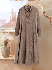 billiga midi svart klänning-Dam Midiklänning Svart klänning Vardagsklänning Elegant Mode Modern Utomhus Semester Utekväll Lös passning Slät Långärmad Hög krage Svart Kaki Vår Höst