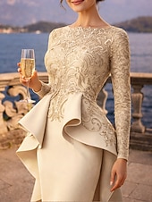 baratos Comprimento do chão-Tubinho Longo Vestido de convidada de casamento Vestido formal Vestido de noite Vestido Para Mãe dos Noivos Manga Longa Scoop pescoço Elegante Festa Formal Convidado do casamento Renda Tecido Que