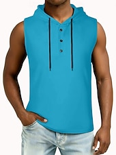 お買い得  ベーシックTシャツ-男性 ベストトップ ヘンリーパーカー ティートップ ノースリーブ フード付き 夏 純色 平織り ファッション デザイナー ベーシック ボタン フード付き カジュアル バケーション ストリート ブルー ブラック ホワイト メンズトップTシャツ