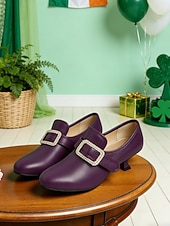  Women's Forest Green Leather Pumps with Rhinestone Square Buckle – Festive Leprechaun Style Low Heels for St. Patrick's Day Parties, Holiday Parades & Vintage Enthusiasts