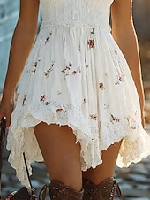 baratos Vestido Boho Ocidental-Vestido curto feminino, vestido casual, vestido de verão, vestido de alça, vestido boho, vestido vintage, vestido de férias, vestido para uso diário, vestido para sair, modelagem regular, floral, sem mangas, alças, preto, branco, primavera, verão