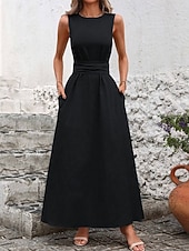 tanie Biała sukienka-Damskie Sukienka maxi Sukienka A line Urlop Codzienny Na zewnątrz Wyjściowe Luźny / a Jednokolorowe Bez rękawów Wycięcie pod szyją Granatowy Czarny Czerwony Zielony Lato Wiosna