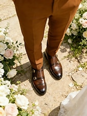 baratos Sapatos de monge-Sapatos sociais masculinos de couro sintético marrom com tira dupla de monge e detalhes brogue, estilo clássico para casamento, uso formal e empresarial