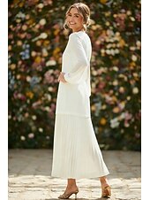 baratos Vestidos brancos pequenos-Tubinho Até o Tornozelo Vestido branco Vestidinho branco Vestidos para convidadas de casamento Elegante Manga Longa Gola Redonda Formal Convidado do casamento Chiffon com Pregas Franzido