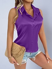 billige Enkle bluser-Dame Skjorte Sateng skjorte Bluse Ermeløs skjorte Knapper عادي Stilfull Klassisk Moderne Ermeløs Skjortekrage Vanlige topper Daglig Ferie Ut på byen Svart Hvit Lilla Grønn Sommer Vår