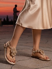 abordables Flat Sandals-Women's Gold Floral Thong Sandals - Elegant Shimmering Flat Sandals with 3D Flower Detail, Comfortable Strappy Dress Shoes for Resort Evenings, Vacation Dinners &amp; Cruise Wear