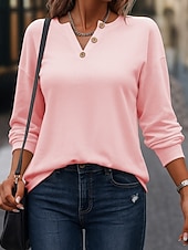 Недорогие Толстовки и Кофты-Жен. Pullover Толстовки Пуговицы Полотняное плетение Мода Классика Современное Длинный рукав V-образный вырез Обычные топы Для улицы На каждый день Синий Белый Розовый Зеленый Серый Весна Осень