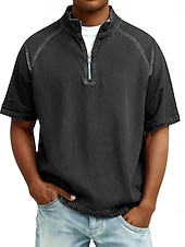  Herren Hemd aus 100 % Baumwolle in Säurewaschung T-Shirt Kurzarm Stehkragen Herbst Winter Frühling Herbst Einfach Vintage Streetwear Lässig Reißverschluss Stückgefärbt Basic Lässig Heim Straße