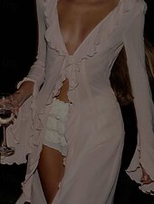 levne Plážové šaty-Dámské Plavky Přehozy Plavky Volány prázdniny Oblečení na pláž Bez vzoru Do V Dlouhý rukáv Plavky