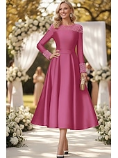 economico Lunghezza alla caviglia-Linea ad A Lunghezza alla caviglia Vestito da Festa Abito da Cocktail Abito da invitata a nozze Abito da cerimonia per signora Manica Lunga Senza Spalle Elegante Formale Raso con Perle