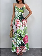 halpa Kukkaiset mekot-Naisten Maksimekko Kesämekko A linjainen mekko Slip Mekko Loma Vapaa-aika Boheemi Hiekkaranta Loose Fit Kuvitettu Lehti Hihaton V kaula-aukko Spagettiolkaimet Valkoinen Vaalean vihreä Punastuvan