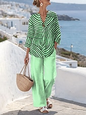 abordables Trajes de blusa para mujer-Mujer Conjuntos de dos piezas Conjuntos de pantalones Bolero Manga 3/4 Escote en Pico Graphic Geométrico Estampado Diario Elegante Casual Diario Playa Rosa Azul Piscina Verde Trébol Primavera verano