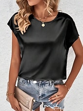 economico Bluse Semplici-Per donna Elegant Top in raso Camicia in raso Top estivi Tinta unica Semplice Vintage Elegante Classico Manica Corta Girocollo Top Regolari Quotidiano Ferie Uscire Nero Rosa Cammello Verde Estate