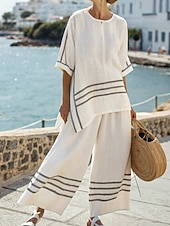 cheap Sets-Women's Linen-feel Set Pants Sets Bolero 3/4 Length Sleeve Crew Neck Striped Fashion Streetwear Casual Daily Outdoor Blue Black White Summer Loose Fit