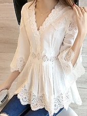 preiswerte Spitzenoberteile-Damen Bluse Elegante Oberteile Spitzentops Gerafft Spitze Rüsche Einfach Elegant Damen Klassisch Langarm V Ausschnitt Lange Oberteile Täglich Arbeit Ferien Weiß Sommer Frühling