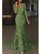  A-linje Gulvlengde Kveldskjoler Formell kjole Elegant Årgang Blomster Halvlange ermer V-hals Bryllup Formell Sateng Blonder med Brodert blomst Broderi Appliqué